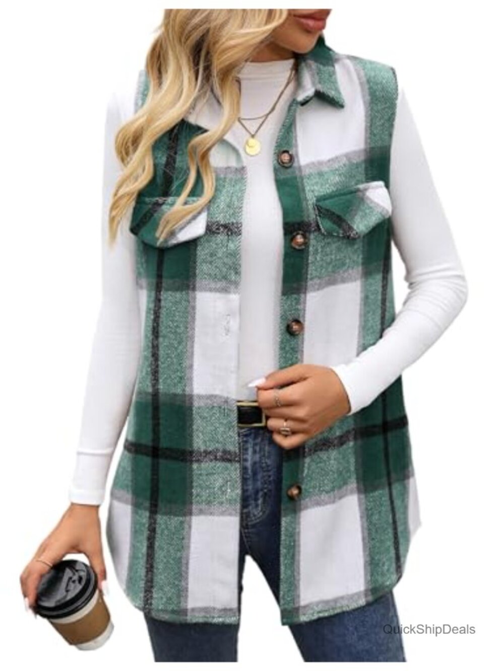 Women's Flannel Plaid Vest Button Down Sleeveless Shacket Shirt Jacket